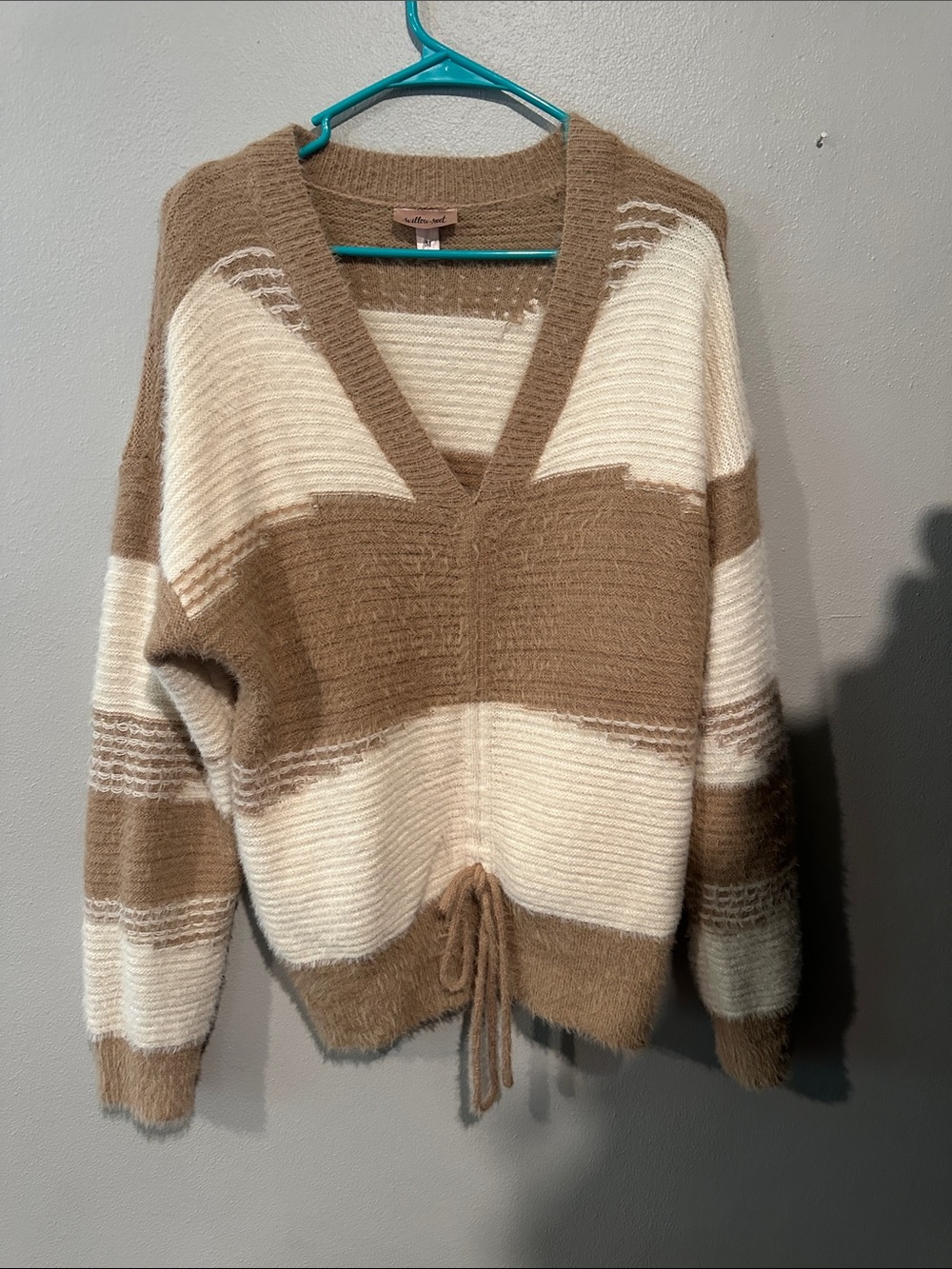 Cozy Striped V-Neck Drawstring Sweater - Cream & Tan